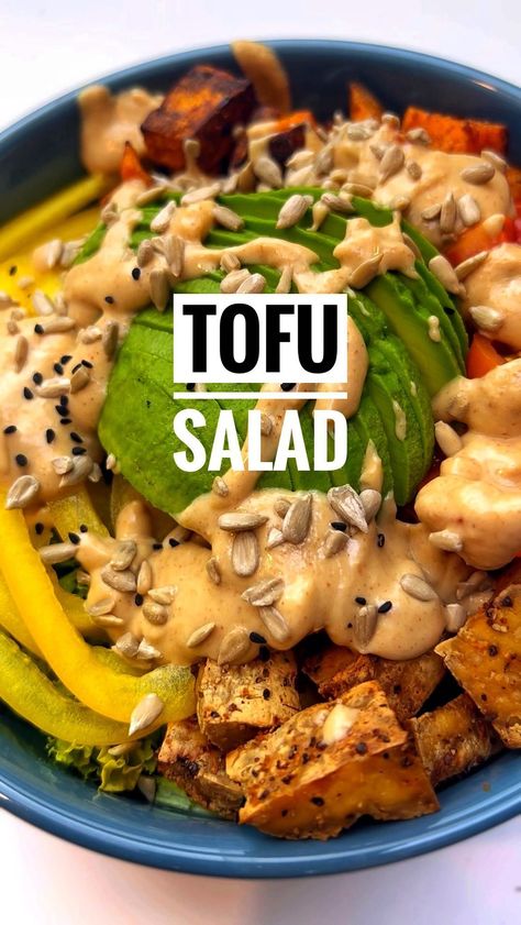 Tofu salad is a dish made with tofu, a plant-based protein source that is commonly used in vegetarian and vegan cuisine. The salad typically includes a variety of fresh vegetables, such as lettuce, tomatoes, cucumber, carrots, and bell peppers, as well as a variety of seasonings and dressings. The tofu can be prepared in a variety of ways, including pan-fried, baked, or grilled. It can also be seasoned with a variety of spices and herbs to add flavor and depth to the dish. The vegetables are ... Arugala Salad Recipes, Tofu Salad Recipes, Garlic Tofu, Dried Tofu, Tofu Sandwich, Sesame Tofu, Healthy Bowl, Teriyaki Tofu, Healthy Bowls Recipes