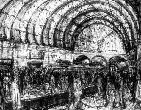 Jeanette Barnes, Canary Wharf station. Compressed charcoal drawing. Jeanette Barnes, Compressed Charcoal, Applied Art, Canary Wharf, Aspiring Artist, Art Theme, Gcse Art, Urban Environment, A Level Art