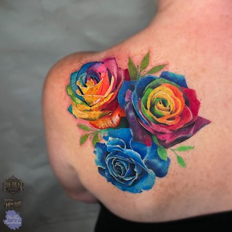 Colourful Rose Tattoo, Rainbow Roses Tattoo, Tye Dye Rose Tattoo, Bright Flower Tattoos For Women, Multi Color Rose Tattoo, Tattoo Ideas Female Colorful, Rainbow Rose Tattoo, Bright Tattoos For Women, Andrew Tattoo