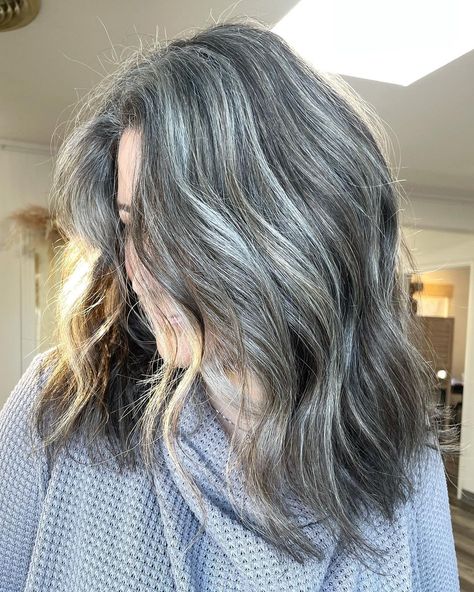 Gray Blending for Dark Hair Using White Blonde Balayage Highlights Gray Blending, Grey Highlights, Transition To Gray Hair, Blending Gray Hair, Permanent Hair Dye, Grey Hair Color, Brown Hair With Highlights, Dirty Blonde, Dark Brown Hair