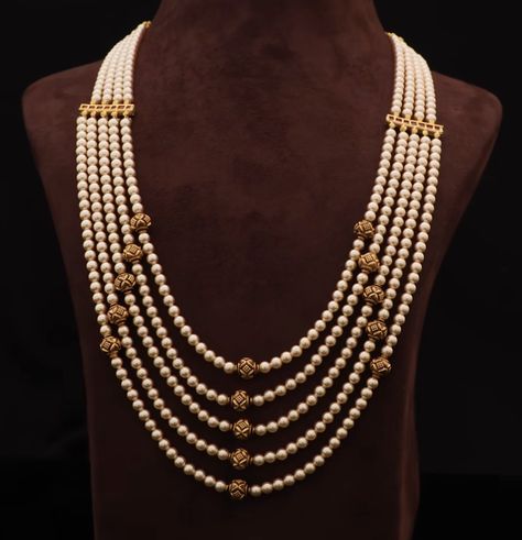 Nakshi Pearl Mala, Moti Jewellery Indian, Pearl Mala Designs, Step Chain, Necklace Set Indian Bridal Jewelry, Beaded Wedding Jewelry, Gold Jewelry Prom, Jewelry Necklace Simple, Pearl Mala