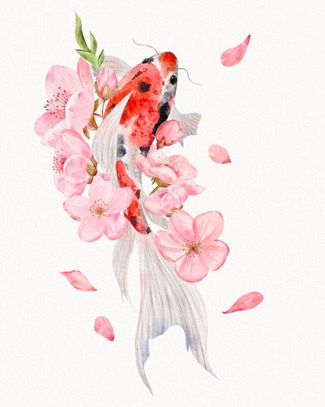 Coi Fish Watercolor Painting, Watercolour Ink Art, Koi Fish Watercolor Paintings, Color Koi Fish Tattoo, Japanese Koi Fish Drawing, Watercolour Koi Fish, Koi Fish And Cherry Blossom, Koi Fish With Cherry Blossom, 2 Koi Fish