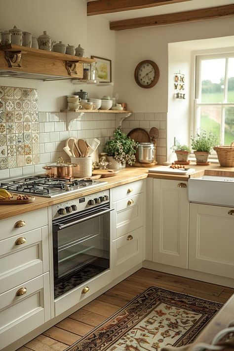 Kitchen Ideas Cream Color, French Style Kitchen Design, Small Tiled Kitchen, Kitchen Decor Classic, Cottagecore Modern Kitchen, White Kitchen Timeless, White Vintage Kitchen Ideas, Italian Modern Kitchen Design, Classic Country Kitchen