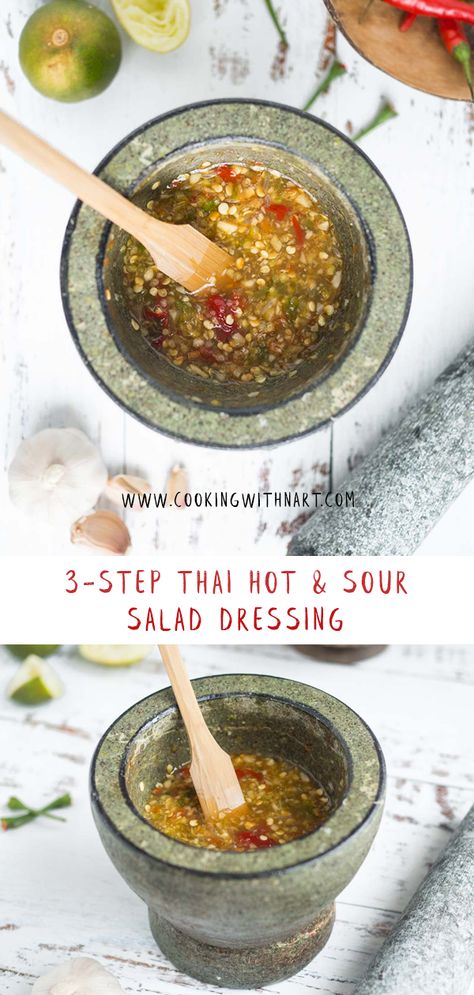 This is the Thai hot and sour salad dressing that’s bursting with the flavors of Southeast Asia! It can be whipped up in just a few minutes, 3 steps to be precise, and will definitely leave you asking for more. Also, it’s healthy and goes well with just about any salad.   #thaifood #saladdressing #healthyrecipe #healthysaladdressing #southeastasian #hotandsour #thai #spicydressing #healthy #nofat #spicy #sour #hot #dressing #easyrecipe #quickrecipe #asianfood #asianrecipe Spicy Thai Salad Dressing, Thai Spicy Salad, Thai Salad Recipes Dressings, Thai Dressing Salad, Thai Salad Dressing Recipe, Indian Salad Dressing Recipes, Indian Salad Dressing, Thai Dressing Recipe, Spicy Salad Dressing