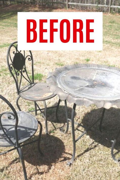 We can't believe this amazing patio furniture upcycle DIY for $25! check out the before and after patio table and chairs makeover DIY for backyard or porch. Metal Patio Furniture Makeover, Metal Table And Chairs, Table And Chairs Makeover, Metal Garden Table, Patio Upgrade, Metal Bistro Chairs, Patio Furniture Makeover, Round Patio Table, Upcycle Dresser