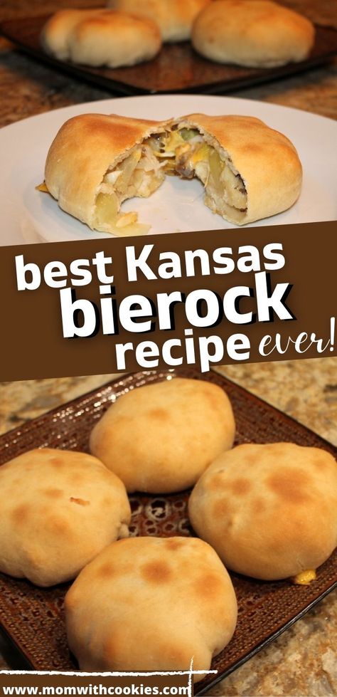 homemade bierocks on a plate with text overlay that reads best Kansas bierock recipe ever Bierox Recipe, Hamburger And Cabbage, Beerock Recipe, Bierocks Recipe Easy, Runzas Recipe, Filled Rolls, Ground Beef Cabbage, Bierocks Recipe, German Food Authentic