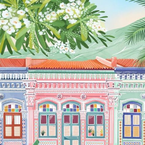 Simply, Katy on Instagram: "This travel print is inspired by the colourful Peranakan houses in Singapore 💕🌷☀️ • This piece was a struggle for me.. I have probably spent way to long working on it, but I just didn’t want to give up on it. 🫶 I tried my best to push through, and I’m so glad I did." Simply Katy Illustration, Singapore Graphic Design, Peranakan Illustration, Singapore Illustration, Peranakan House, Simply Katy, Peranakan Design, Singapore Art Museum, Singapore Design