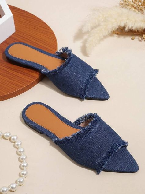 Fashion Blue Sandals For Women, Raw Trim Denim Slide Sandals | SHEIN USA Denim Slippers, Denim Slides, Trendy Flats, Denim Flats, Toe Slippers, Denim Fashion Women, Outdoor Slippers, Green Suede, Blue Sandals