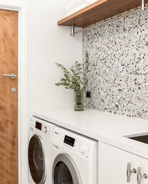 Laundry goals😍✨ @mjharrisgroup @joel.noon #terrazzo #terrazzotiles #laundryinspo #laundrytiles #splashbacktiles #splashback #perinitiles #sampletiles #renoinspo #interiordesign Terrazzo Utility Room, Laundry Room Terrazzo, Terrazo Tile Laundry Room, Laundry Terrazzo Floor, Terrazzo Laundry, Terrazzo Tile Laundry, Laundry Pattern Tiles, Terrazzo Floor Bathroom White Tiles, Terrazzo Backsplash