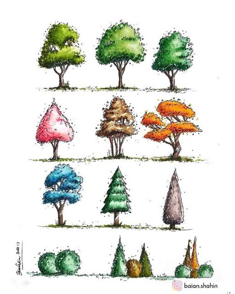 Tree Rendering Architecture, Landscape Markers, Sharpie Drawings, Landscape Design Drawings, Geometric Trees, Landscape Architecture Drawing, Copic Marker Art, Digital Rendering, Interior Architecture Drawing