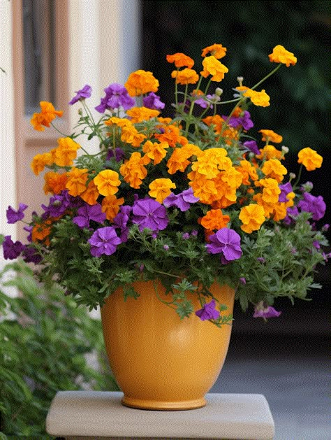 Colorful Marigold Planter: Bursting with Orange and Purple Blooms Yellow Flower Pot Ideas, Purple And Orange Flowers Garden, Potted Annuals Ideas, Marigold Pot Ideas, Annual Planters Ideas, Marigolds In Pots, Orange Marigolds, Summer Planters, Patio Flower Pots