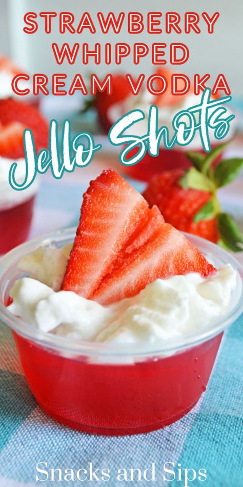 Parties and jello shots = yummy fun! Make Strawberry Whipped Cream Vodka Jello Shots next time you entertain. Great for the summer holidays! Jello Shots With Strawberry Jello, Jello Shots With Vodka, Vodka Jello Shots, Party Refreshments, Strawberry Jello Shots, Best Jello Shots, Jello Shots Vodka, Party Beverages, Jello Pudding Shots