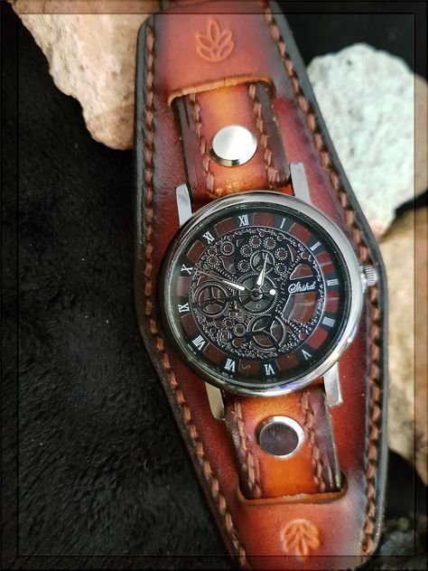 Leather Watch Cuff, Steampunk Watch, Cuff Watch, Metal Accents, Leather Projects, Women Wrist Watch, Leather Cuffs, Handcrafted Leather, Watch Case