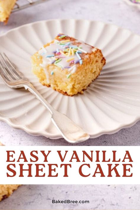 Skip the store-bought cake mix and try our easy Vanilla Sheet Cake recipe! Moist, flavorful, and topped with creamy frosting, it's sure to be a hit with family and friends. Vanilla Sheet Cake Recipe, Vanilla Sheet Cake, Baked Bree Recipe, Cake Recipe Moist, Vanilla Sheet Cakes, Sheet Cake Recipe, Creamy Frosting, Store Bought Cake, Midnight Snack