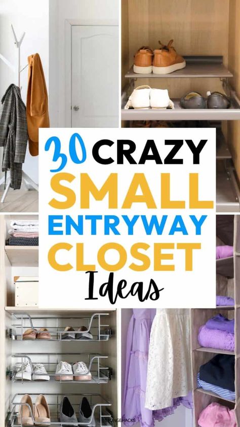 Tiny Entryway Closet Ideas, Entrance Way Closet Ideas, Shallow Coat Closet Ideas, Front Closet Organization Ideas, Coat Closet Into Shoe Closet, Coat Closet Doors Entryway, Small Entryway Coat And Shoe Storage, Small Entry Way Coat And Shoe Storage, Front Entryway Closet Ideas