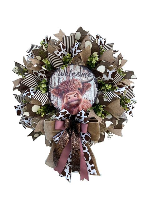 Highland Cow Wreath for Front Door, Everyday Wreath for Cow Lovers, Farmhouse Porch Decor, Brown Cow Wreath for Home Decor - Etsy Canada Farmhouse Wreath Diy, Highland Cow Wreath, Cow Wreath, Brown Cow Print, Farmhouse Porch Decor, Highland Cow Gifts, Farmhouse Style Wreath, Owl Wreaths, Cow Decor