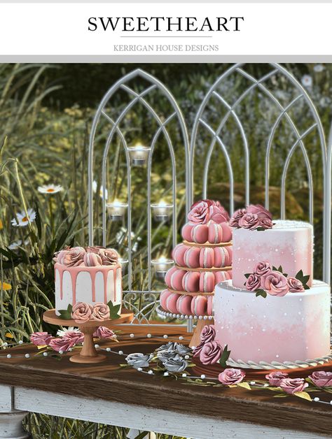 [KHD] Sweetheart Cake Set | Kerrigan House Designs on Patreon Sweetheart Cake, Lotes The Sims 4, Royal Decorations, Sims 4 Kitchen, Sims 4 Family, Sims 4 Studio, 4th Birthday Cakes, Sims 4 Clutter, Wedding Furniture