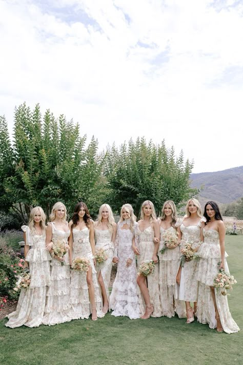 Victoria in a custom lace wedding gown and her bridesmaids in Carmel valley rose printed dresses all by V. Chapman Cream Bridesmaids, Garden Wedding Bridesmaids, V Chapman, Party Dress Inspiration, Grace Dress, Victoria Wedding, Bridesmaid Inspiration, Carmel Valley, One Shoulder Gown