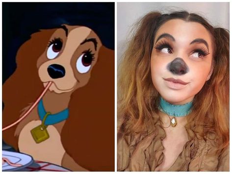 Lady and The Tramp Makeup Look Lady And The Tramp Makeup, Diy Lady And The Tramp Costume, Lady From Lady And The Tramp Costume, Cartoon Costumes Diy, Lady And The Tramp Characters, Disney Cosplay Women, Diy Disney Costumes For Women, Lady And The Tramp Costume, Costume Ideas Disney