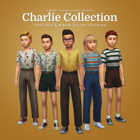 Charlie Collection | 1950 Mix & Match Set for Children | linzlu on Patreon Kids Cc Sims 4 Maxis Match, Sims 4 Children Cc Patreon, Sims 4 Maxis Match Kids Cc, Sims 4 Cc Kids Clothing Boys Patreon, Sims 4 Children Cc Maxis Match, Sims 4 Kids Cc Maxis Match, The Sims 4 Cc Patreon Kids, The Sims 4 Maxis Match, Sims 4 Toddler Cc Maxis Match