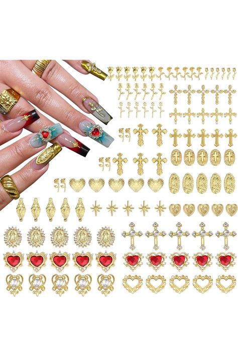 116Pcs Gold Nail Charms Set with Gold Rose, Hearts, Rose, Virgin Mary Gold and Cross Nail Charms,Y2K 3D Nail Charms Decorations Y2k 3d, Y2k Nail, Y2k Cross, Cross Nails, Gold Nail, Y2k Nails, 3d Nail, Nail Charms, Charm Set