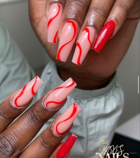 Red Nails With Swirls, Red And White Swirl Nails, Red Swirl Nails, Nails With Swirls, White Swirl Nails, Red And White Nails, Swirl Nails, White Nail Designs, Shirley Temple