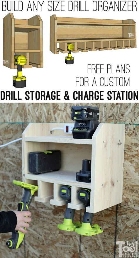 Arbejdsplads Garage, Drill Storage, Charge Station, Power Tool Storage, Garage Tool Storage, Tool Storage Diy, Woodworking Project Plans, Small Woodworking Projects, Diy Garage Storage