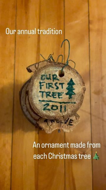 Brock Jones Art on Instagram: "While we have MANY traditions in our house, this one is the one I’m most proud of. Luckily, I came up with it our first Christmas living together. We cut a portion of the stump from each🎄we cut ourselves (also a family tradition) and I decorate it to hang on the #christmastree *note - 2014, the year we got married, we moved from our condo 6 days after Christmas and were all boxed up, so we only had a painter’s tape Christmas tree on the wall!" Christmas Tree Stump Ideas, Christmas Tree Stump Ornament, Tree Stump Ornament Diy, Tree Stump Ornament, Christmas Tree On The Wall, Tape Christmas Tree, Christmas Tree Cut Out, Vince Guaraldi, We Got Married