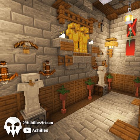 Armor Room Minecraft Ideas, Minecraft Armor Room Ideas, Castle Decorations Minecraft, Minecraft Rooms In Game, Minecraft Smithing Room Ideas, Armour Shop Minecraft, Minecraft Basement Ideas Storage, Castle Decor Minecraft, Armorer House Minecraft