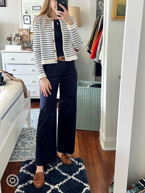 Nautical Blazer Outfit, Grown Up Preppy Style, Preppy Work Outfits Women Summer, Nautical Outfit Women Summer, Strip Cardigan Outfit, Cardigan Outfits For Work, Black Striped Cardigan Outfit, Stripes Cardigan Outfit, Strip Pants Outfit