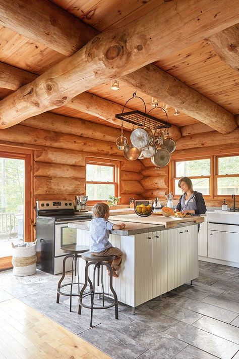 Modern Log Home Interiors, Build Cabin, Log Cabin Renovation, Log Cabin Lighting, Log Cabin Interior Design, Log Cabin Kitchens, Modern Log Home, Log Cabin Kitchen, Modern Cabin Interior