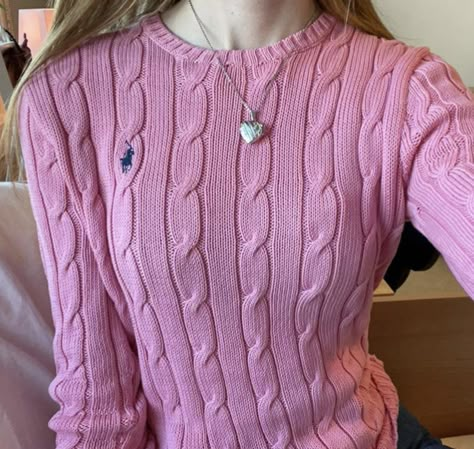 Ralph Lauren Clothes Aesthetic, Ralph Lauren Coquette, Pink Ralph Lauren Sweater Outfit, Ralph Lauren Sweater Aesthetic, Ralph Lauren Knit Sweater Outfit, Ralph Lauren Outfits Aesthetic, Ralph Lauren Cable Knit Sweater Outfits, Pink Polo Sweater, Polo Ralph Lauren Women Outfits