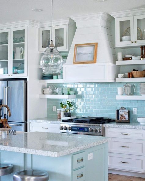 7+ Exciting Ideas to Play with Pops of Color in Your Farmhouse Kitchen Backsplash Blue Kitchen With White Cabinets, Coastal Blue Kitchen, Farmhouse Kitchen Backsplash Ideas, Kitchen Decor Ideas Diy, Farmhouse Kitchen Makeover, Blue Backsplash Kitchen, House Painting Ideas, Kitchen With White Cabinets, Aqua Wall