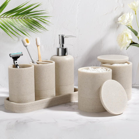 Bathroom Accessories Set, 6-Piece Bathroom Accessory Set, Toothbrush Holders Set, Soap Dispenser, Vanity Tray, Tumbler, Cotton Swab Jars, Bathroom Organizer for Modern Bathrooms - Beige Kawaii Bathroom, Coastal Bathroom Design, Bathroom Towel Holder, Kids Bathroom Accessories, House Wear, Vintage Bathroom Decor, Bathroom Accessories Luxury, Modern Bathroom Accessories, Bathroom Tumbler