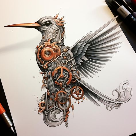 Steampunk Hummingbird, Trucker Tattoo, Left Hand Tattoo, Steampunk Tattoos, Steampunk Tattoo, Sketch Tattoo Design, Sketch Tattoo, Drawings Ideas, Comic Art Girls