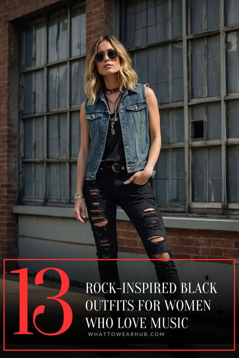 Discover 13 stunning black outfit ideas designed for rock fans! From stylish jackets to rock-inspired skirts and dresses, find ways to express your bold side with these unique fashion picks. Perfect for concerts and beyond. #RockFashion #BlackOutfits Acdc Aesthetic Outfit, 80s Rocker Costume Woman, Female Rocker Outfit, Biker Party Outfit, Rocker Costume Women, Rock Star Costume Women, Elegant Rocker Outfit, Rock N Roll Outfit For Women, Punk Rock Outfits For Women