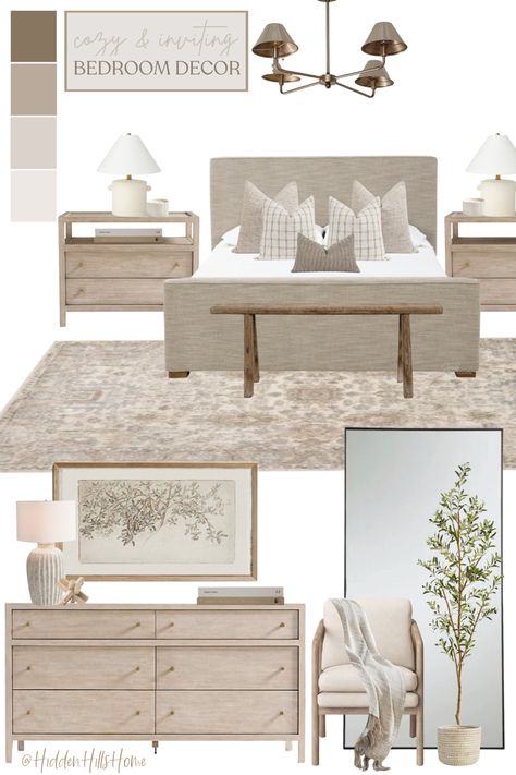 Neutral bedroom decor mood board with warm and inviting beige tones! Primary bedroom decor ideas Warm Neutral Bedroom, Neutral Tone Bedroom, Neutral Color Bedroom, Neutral Guest Bedroom, Decor Mood Board, Mood Board Bedroom, Bedroom Mood Board, Inviting Bedroom, Neutral Bedroom Decor