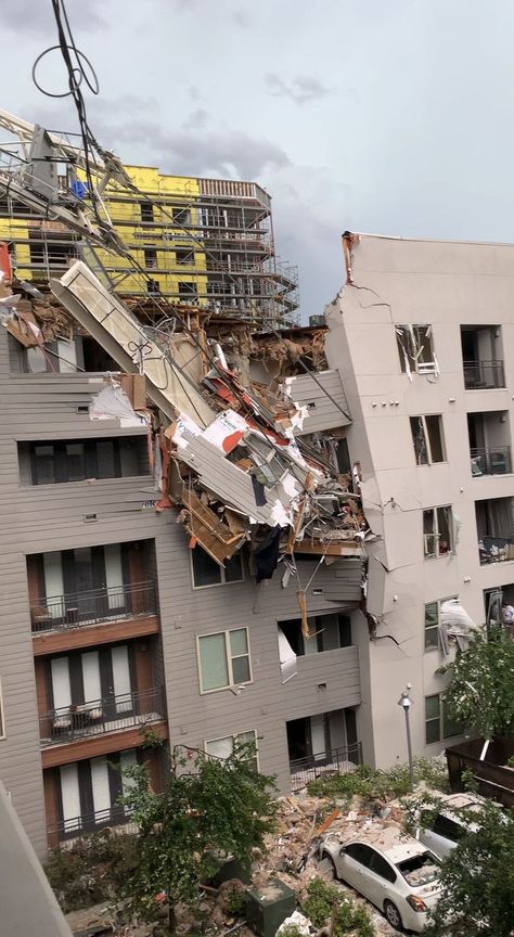 Dallas crane collapse. June 9, 2019 - Texas, USA 🇺🇸 Just before 2:00pm a tower crane located at a construction site on Cartergal Street toppled onto the eastern residential side of the neighbouring 5-story 'Elan-City Lights' apartment complex during severe thunderstorms and intense winds. 1 woman inside the building was killed and 5 other people were injured in the collapse. The building and parking garage sustained major structural damage with multiple floors collapsing internally. Building Collapsing, Lights Apartment, Tower Crane, Person Falling, Group 3, Parking Garage, Apartment Complexes, Texas Usa, Construction Site