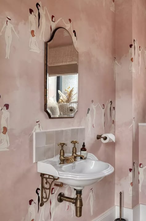 Pink Cloakroom, Eclectic Bathroom, Downstairs Loo, Gorgeous Bathroom, Pink Bathroom, Bathroom Wallpaper, Brass Fittings, Bathroom Style, Pink Walls