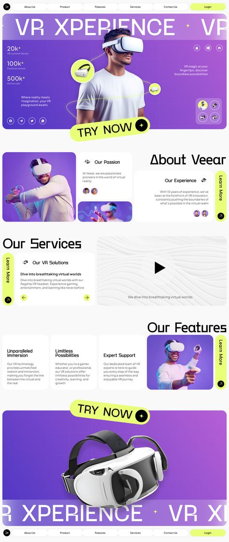 Veear - Virtual Reality AR Company Landing Page Website designed by Adhiari Subekti for One Week Wonders. Connect with them on Dribbble; the global community for designers and creative professionals. Company Landing Page, Mobile Landing Page, Landing Ideas, Best Landing Page Design, Landing Page Website, Website Design Inspiration Layout, Landing Page Inspiration, Website Design Wordpress, One Page Website