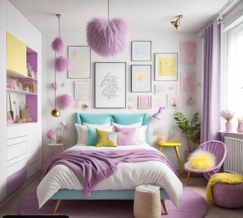 Pastel Blue And Purple Bedroom, Pink Purple Turquoise Bedroom, Lilac Teenage Girl Bedroom, Purple And Aqua Bedroom, Preteen Girls Bedroom Ideas Purple, Lavender Girls Room Bedroom Ideas, Pink Purple Blue Bedroom Girl Rooms, Girls Bright Bedroom Ideas, Preteen Girls Bedroom Ideas Pink