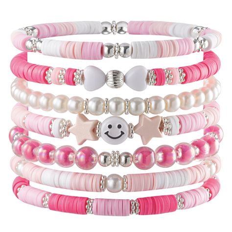 PRICES MAY VARY. 💗【STYLISH DESIGN】Besydec pink bracelet length is 7.28 inches and it's designed with elasticity for a flexible and comfortable fit. Feature a preppy aesthetic with vibrant pink and white clay beads, perfect for adding a pop of color to any outfit. 💗【MATCH AS YOU LIKE】When you snag this multi-layered bracelets, you'll score seven separate beaded bracelets. Mix and match them just the way you like for that perfect look. Your style, your rules! 💗【VERSATILE】Perfect for any occasio Bracelets Y2k, Preppy Teen, Set Aesthetic, Teen Gifts, Y2k Kawaii, Preppy Bracelets, Bracelets Ideas, Preppy Jewelry, Kawaii Stuff