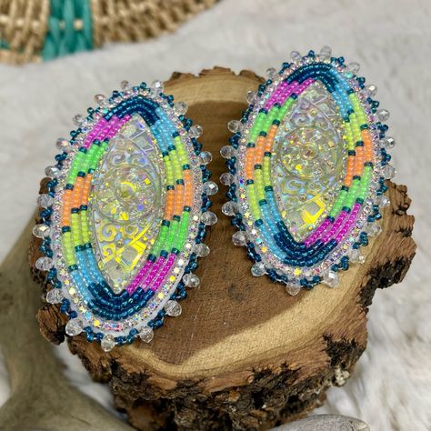 Beaded Earrings Handmade. Silver Tone Fingernail Posts To Hold It Nicely To The Ear. Resin Cabachon Centers, Seed Beads And Rhinestone Banding Stitched On. Rondelle Edging With Real Leather Backing. Beautiful Neons! Big Statement Earrings. Measurements Are In Photos. Comes In Gift Box For Easy Gifting Or Storage! Powwow Beadwork, Earrings Handmade Silver, Beautiful Beaded Earring, Big Statement Earrings, Earrings Patterns, Earrings Ideas, Beadwork Designs, Native Beadwork, Handmade Earrings Beaded