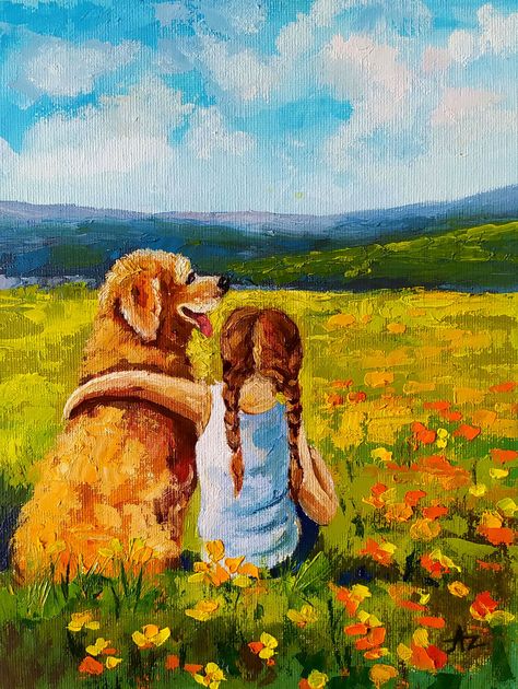 BMLS0OM4OT Dog And Owner Painting, Landscape With Animals Painting, Dog Painting Ideas, Best Friends Painting, Abstract Dog Painting, Abstract Girl Painting, Friendship Painting, Painting Of Dog, Dog And Flowers