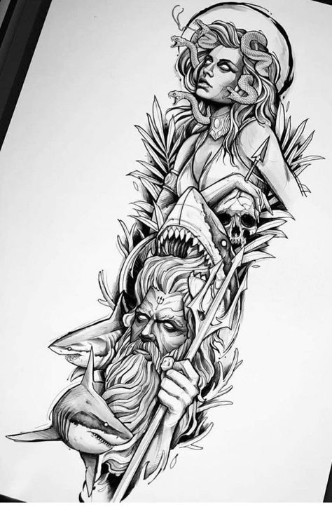 Medusa Full Body Drawing, Half Sleeve Tattoos Sketches, Greek God Tattoo, Poseidon Tattoo, Medusa Tattoo Design, Half Sleeve Tattoos Drawings, Full Sleeve Tattoo Design, Egypt Tattoo, Greek Mythology Tattoos