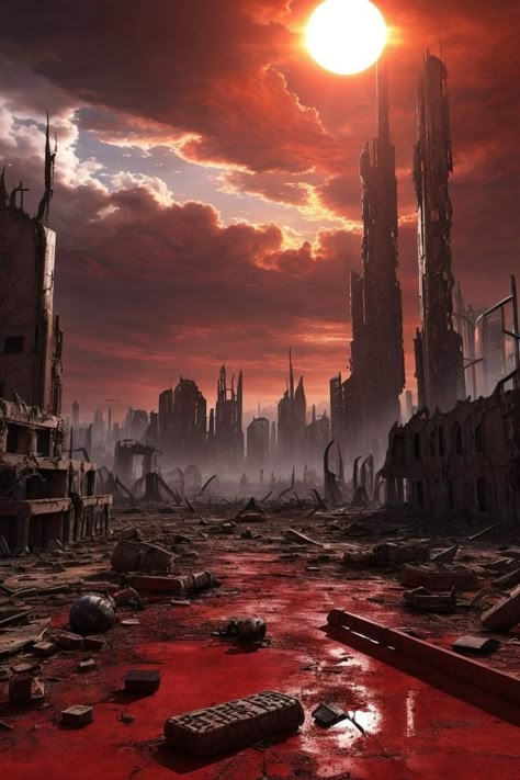 Ruin City Fantasy Art, Burnt Down City, Apocalypse City Art, City Ruins Aesthetic, Fantasy Ruined City, Post Apocalyptic City Art, Burning City Aesthetic, Ruined City Aesthetic, Fantasy Post Apocalyptic