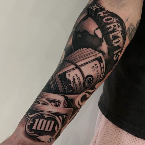 100 Dollar Bill Tattoo, Money Tattoos, Money Rose Tattoo, Money Bag Tattoo, Dollar Tattoo, Houston Tattoos, Common Tattoos, Money Tattoo, 100 Tattoo