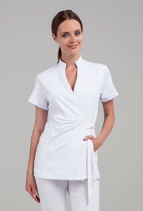 Spa Wear, Medical Scrubs Fashion, Nurse Dress Uniform, Beauty Uniforms, Spa Uniform, Stylish Scrubs, Medical Scrubs Outfit, Medical Fashion, Wrap Tunic