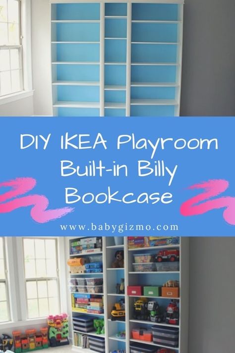 DIY Ikea Playroom Built-in Billy Bookcase | DAD HACK - Baby Gizmo Built In Billy Bookcase, Ikea Trundle, Billy Hack, Ikea Hack Kids, Ikea Playroom, Playroom Shelves, Billy Ikea, Ikea Kids Room, Ikea Built In