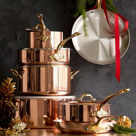 Mauviel Copper 12-Piece Cookware Set #williamssonoma Copper Pots And Pans, Copper Cookware Set, Copper Cookware, Fine Restaurant, Gold Kitchen, Copper Pots, Copper Kitchen, Cookware Sets, Kitchen Cookware